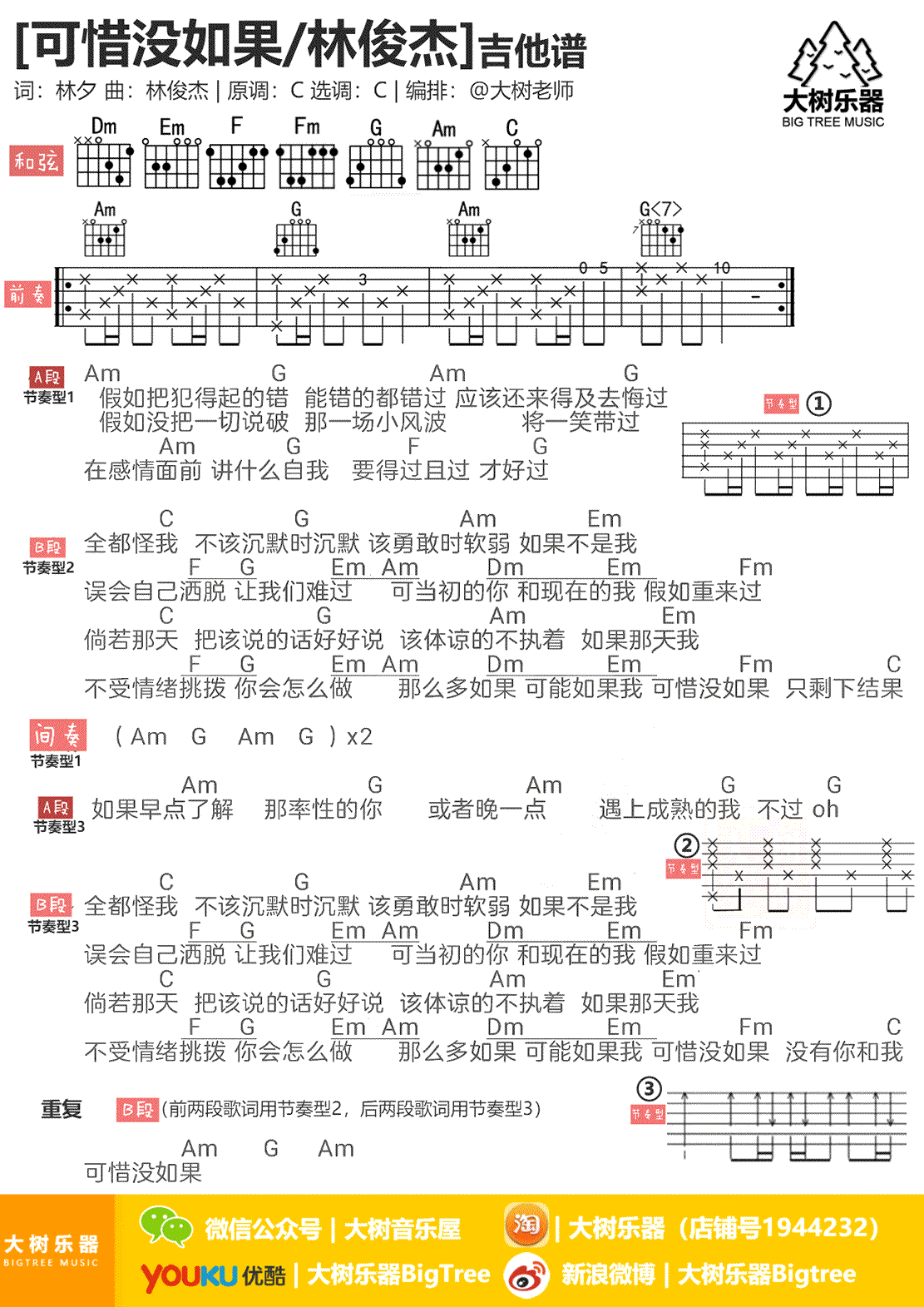 可惜没如果吉他谱 林俊杰 C调弹唱谱 高清图片谱1