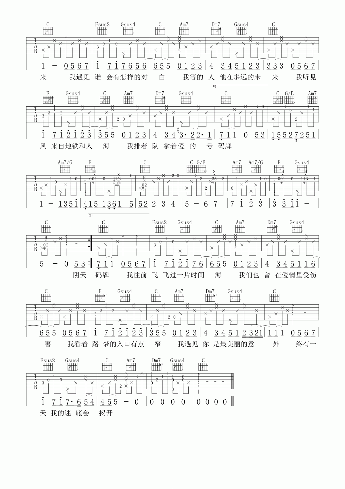 遇见吉他谱 C调 孙燕姿2