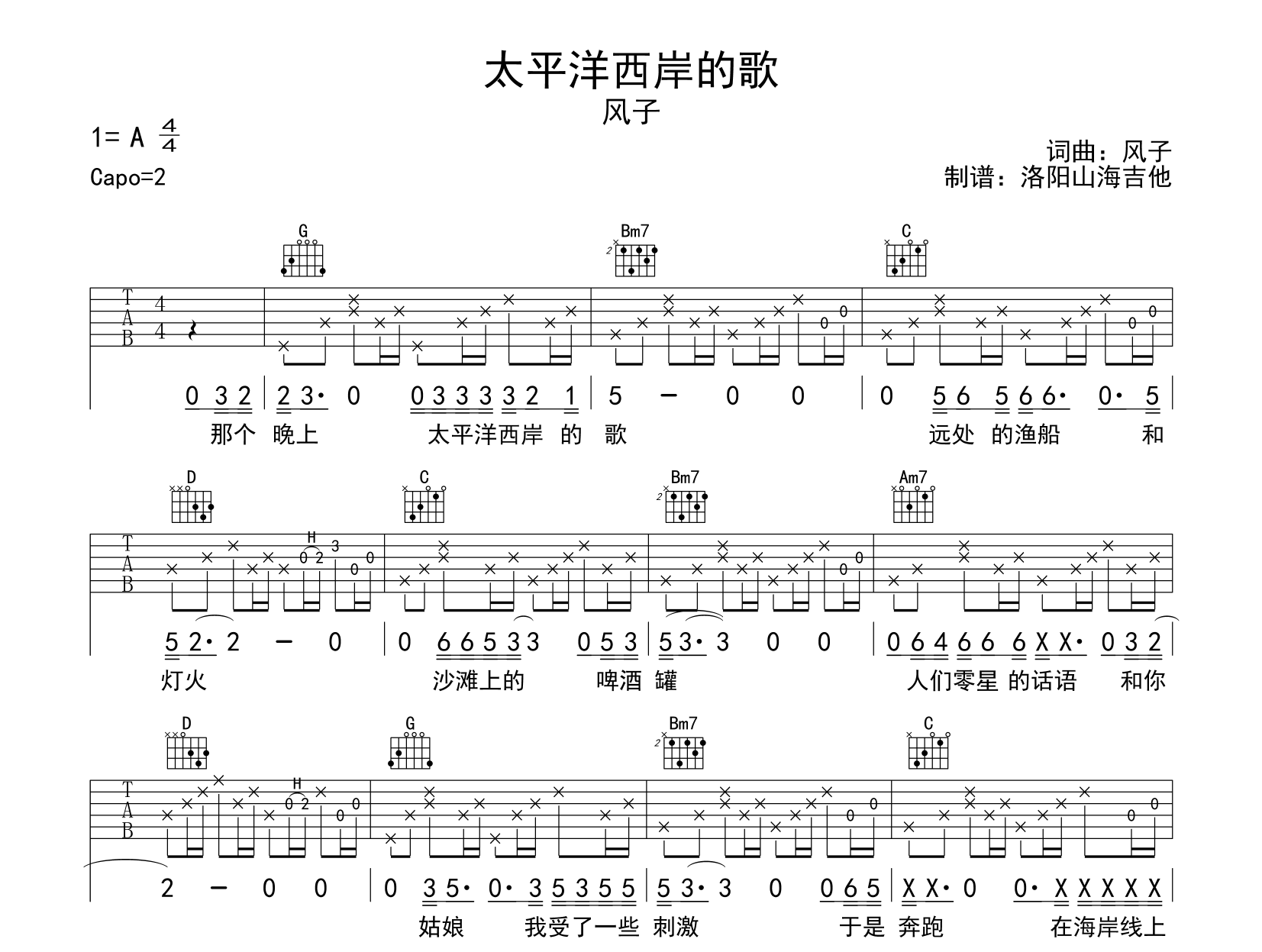 风子《太平洋西岸的歌》吉他谱_G调指法原版吉他谱_图片谱1