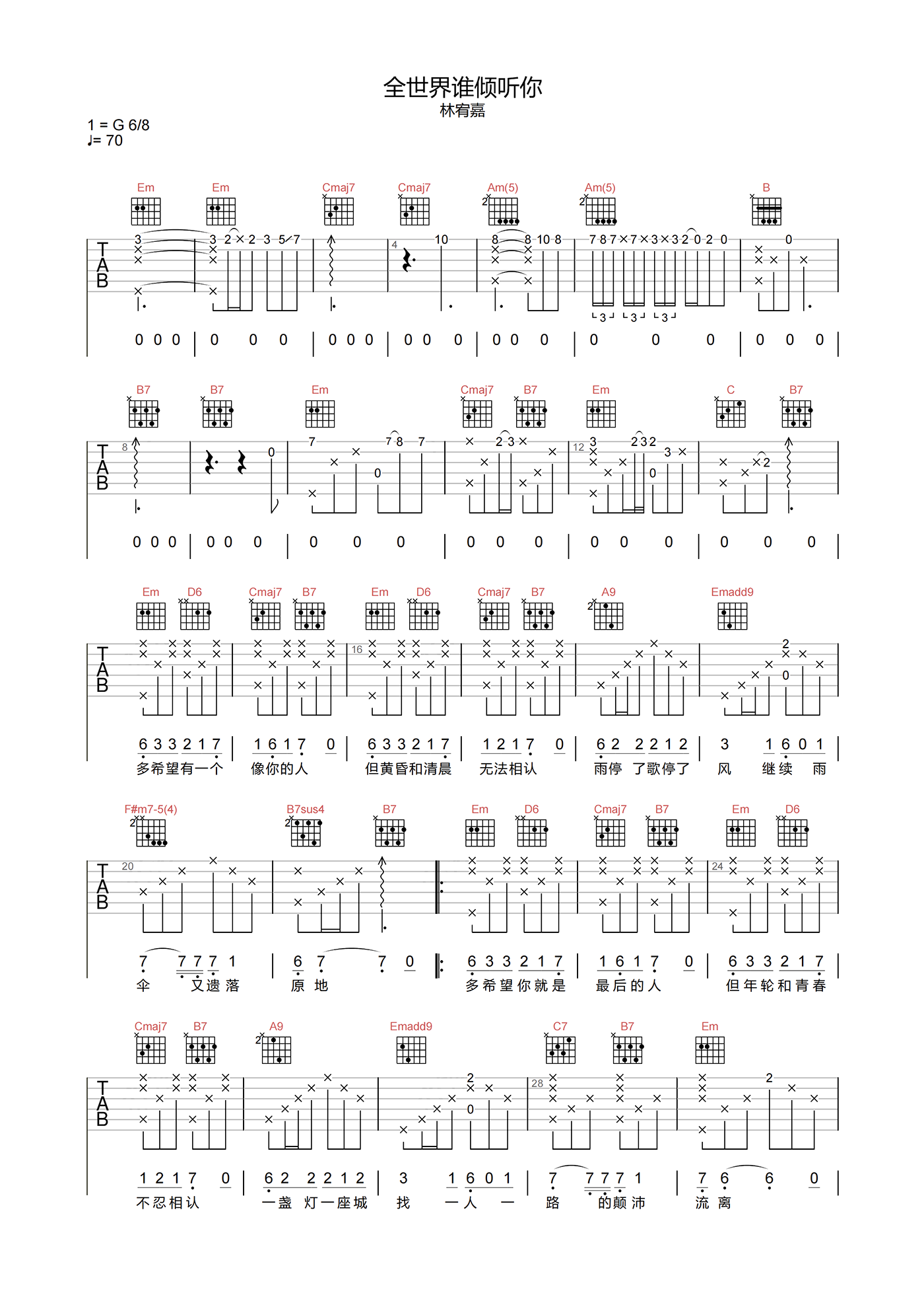 林宥嘉《全世界谁倾听你》吉他谱-G调原版吉他六线谱1
