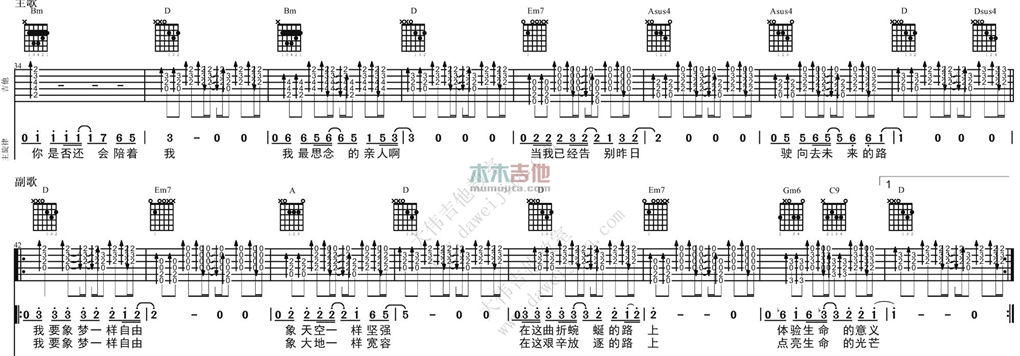 像梦一样自由(吉他谱)_D调弹唱六线谱_吉他视频教学_汪峰1