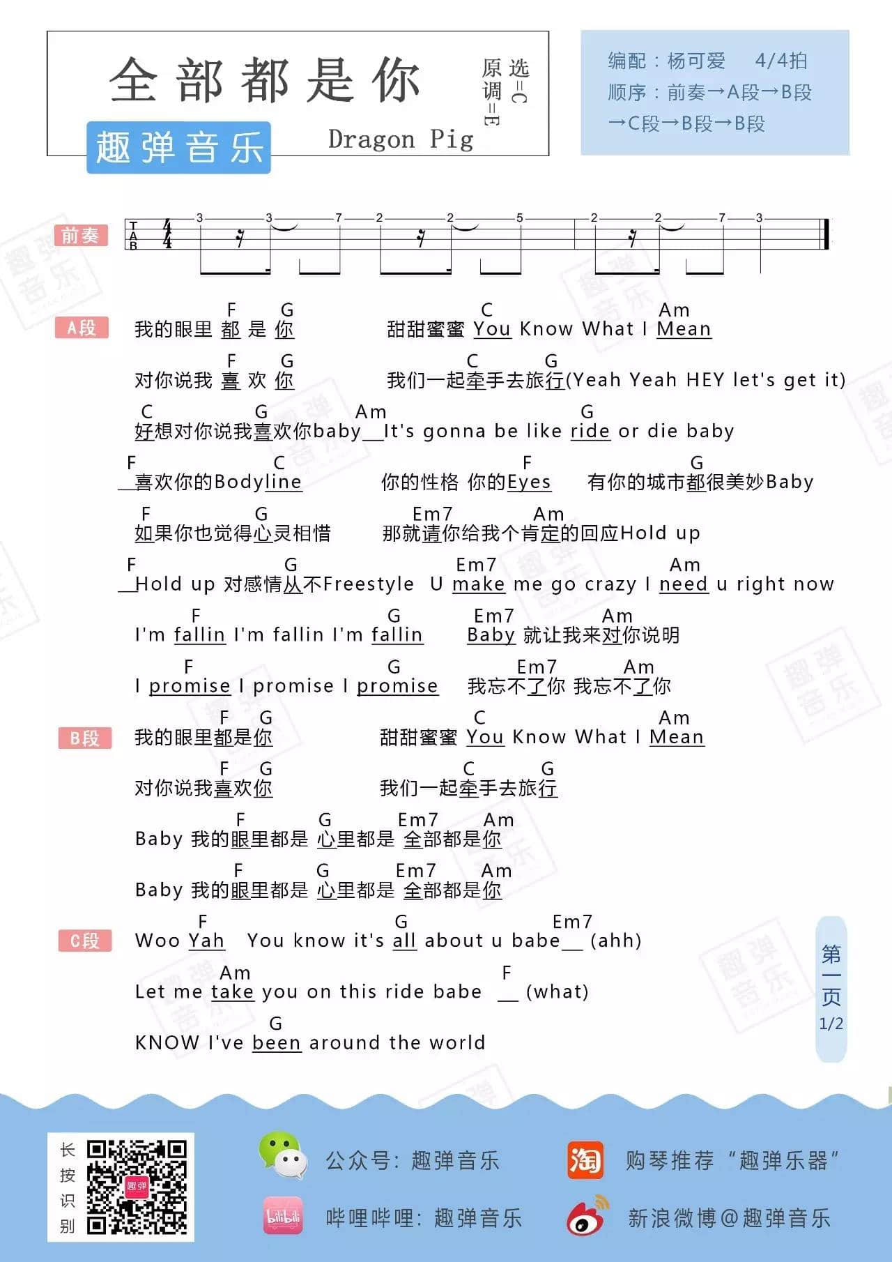 全部都是你吉他谱 C调和弦谱_趣弹音乐编配_Dragon Pig1