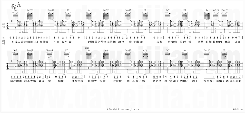 白玫瑰吉他谱 C调精选版_大伟吉他教室编配_陈奕迅3