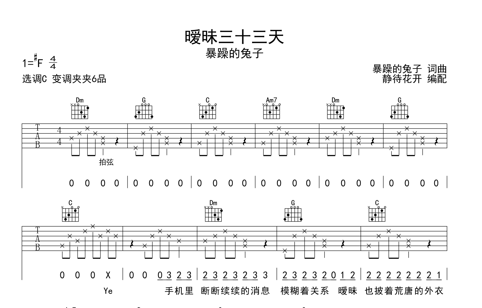 暴躁的兔子《暧昧三十三天》吉他谱-C调吉他弹唱谱1