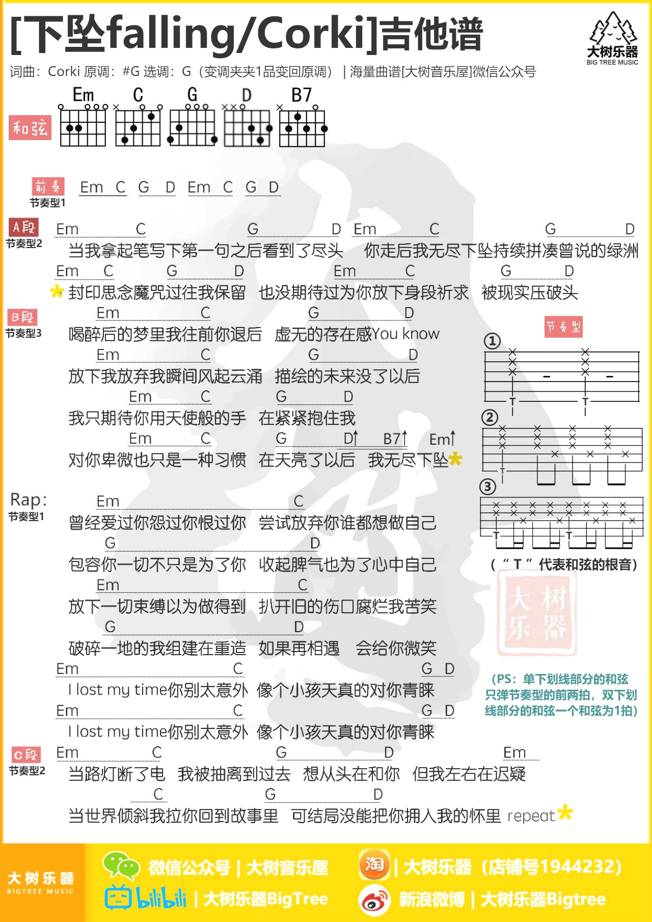 下坠falling吉他谱 Corki G调 和弦弹唱谱1