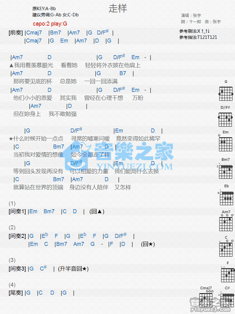 走样吉他谱 C调和弦版_音乐之家编配_张宇1