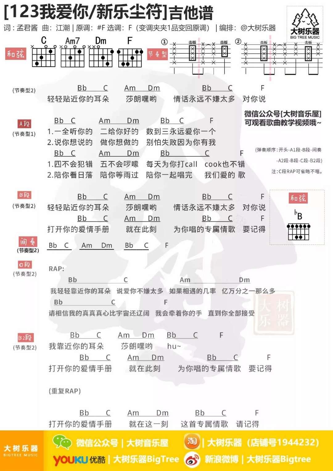 123我爱你_F调吉他谱_新乐尘符1