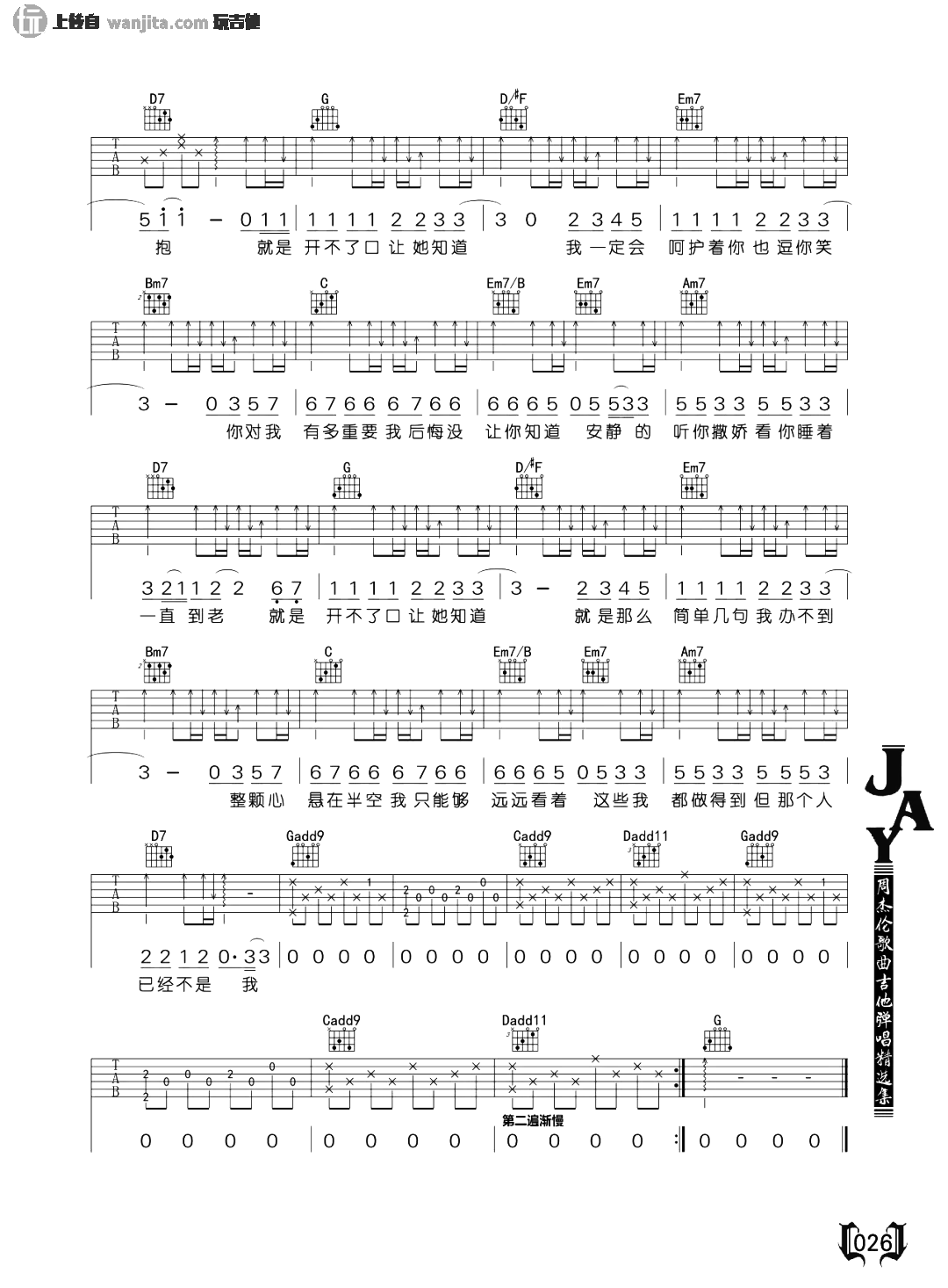 《开不了口》吉他谱_周杰伦_G调原版六线谱_吉他教学演示视频1