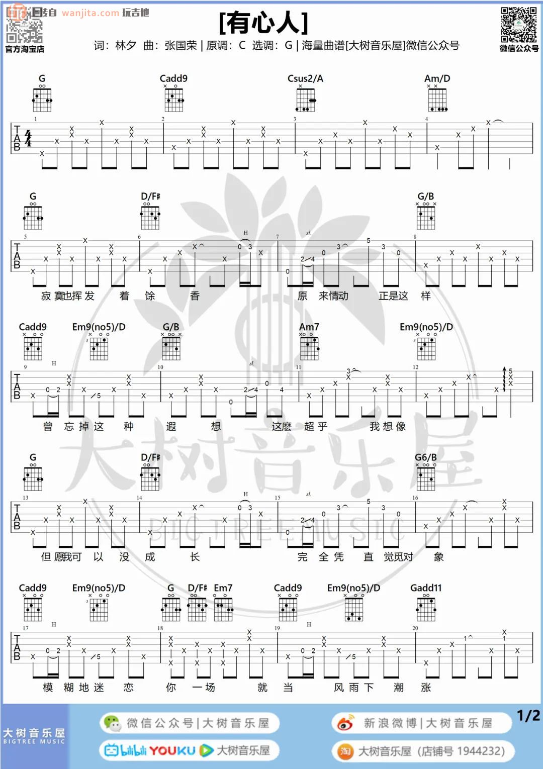 《有心人》吉他谱_张国荣_G调女生版六线谱_吉他弹唱教学1