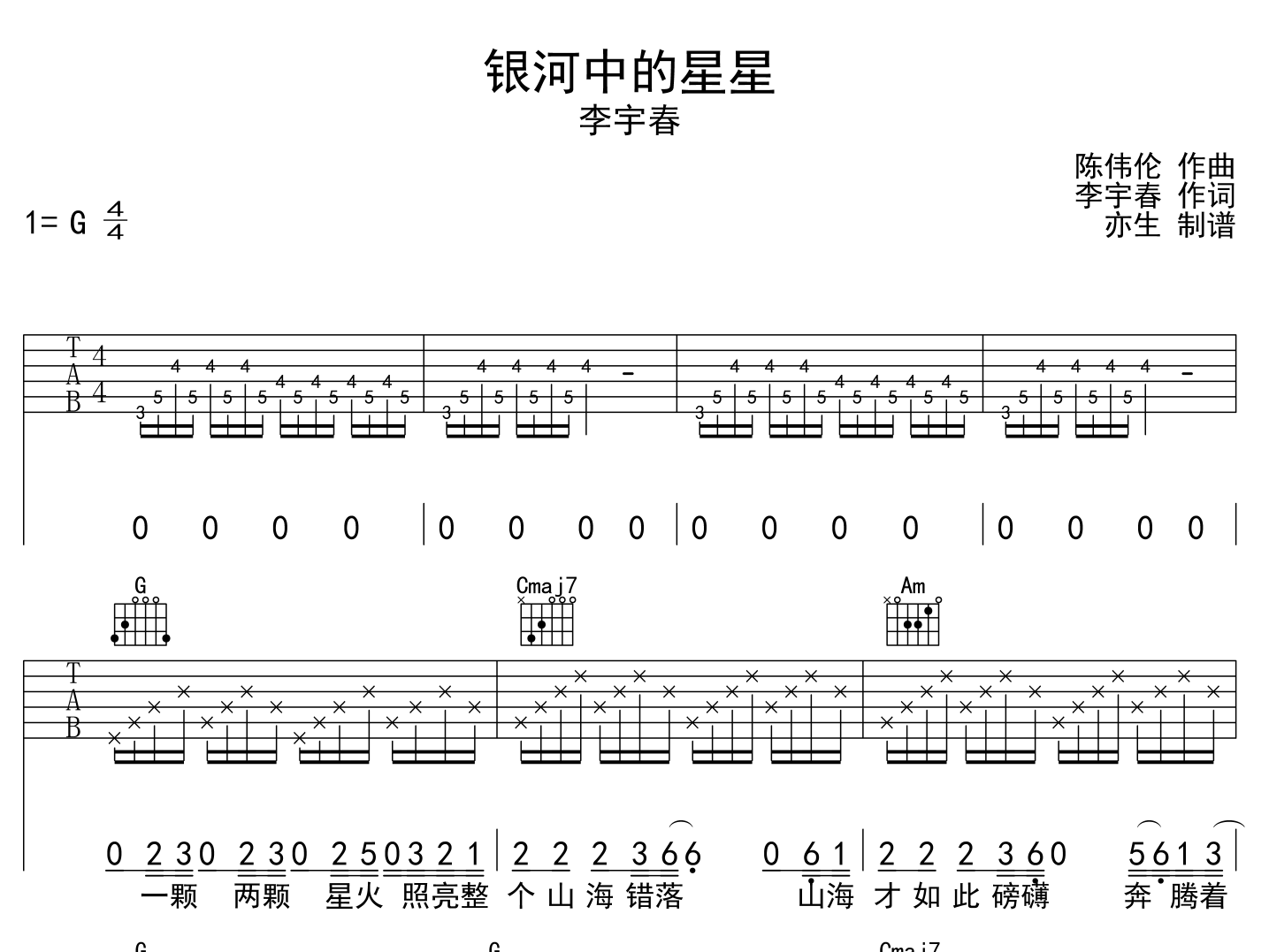 李宇春《银河中的星星》吉他谱_G调指法吉他谱1