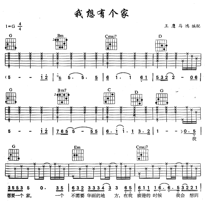 我想有个家吉他谱 G调六线谱-简单版-潘美辰1