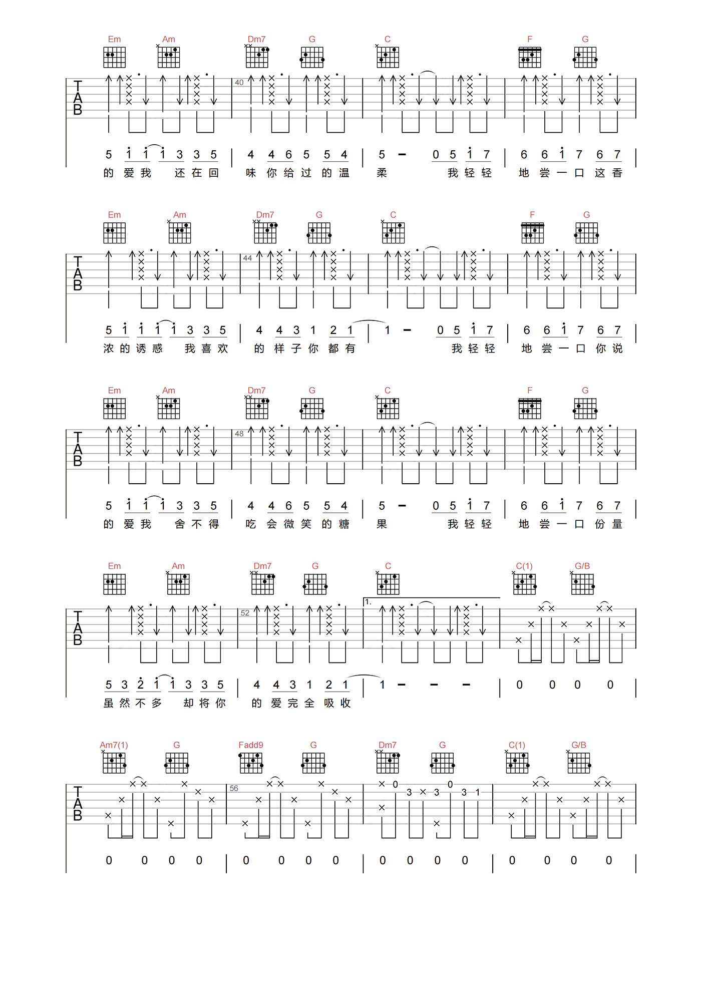 周杰伦《甜甜的》吉他谱-C调原版弹唱吉他谱1