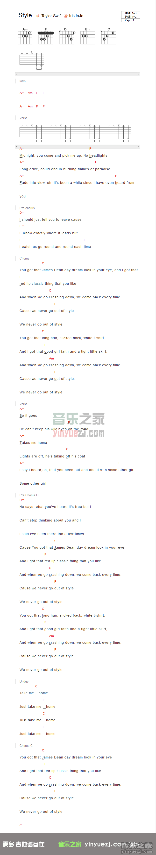 style吉他谱 C调和弦谱_音乐之家编配_taylor swift1