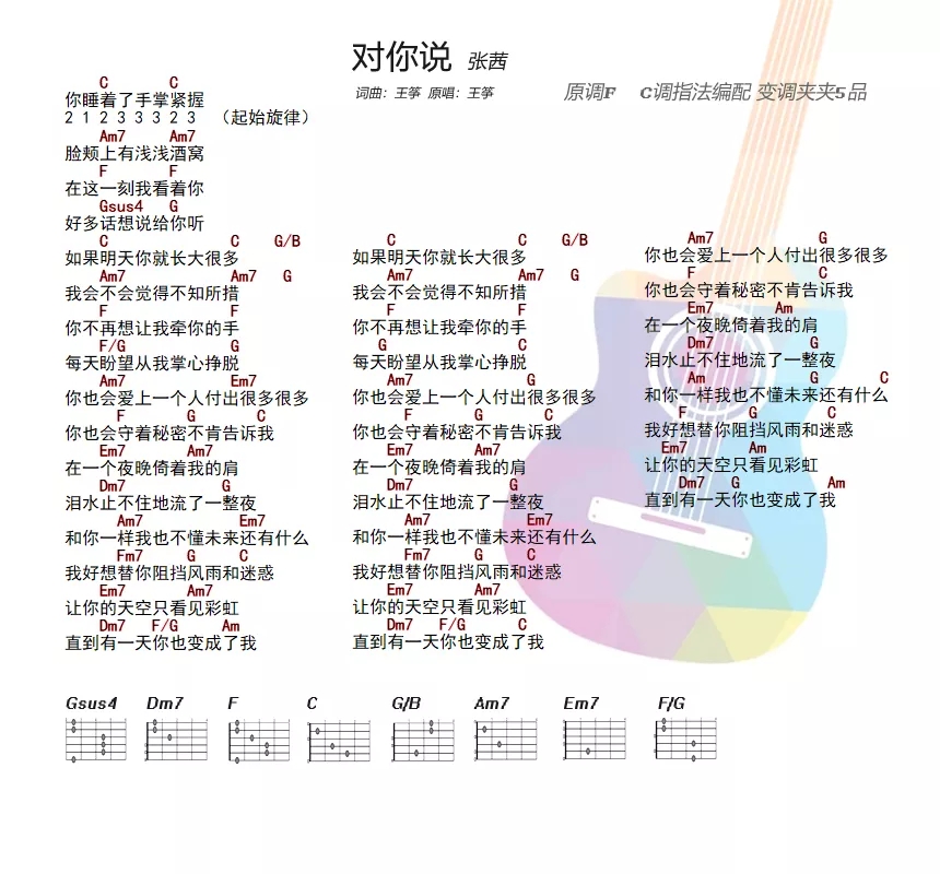 《对你说》 张茜 C调吉他谱1