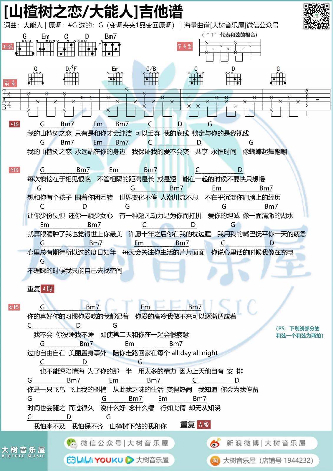 山楂树之恋吉他谱 G调高清版_大树音乐编配_大能人1