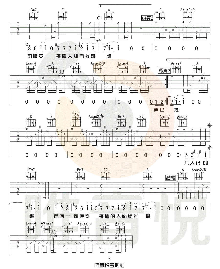 晚安吉他谱_颜人中_《晚安》A调原版弹唱六线谱3