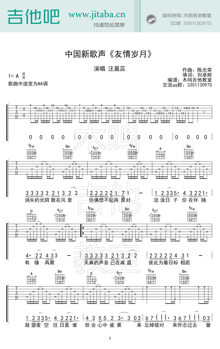 汪晨蕊 友情岁月吉他谱