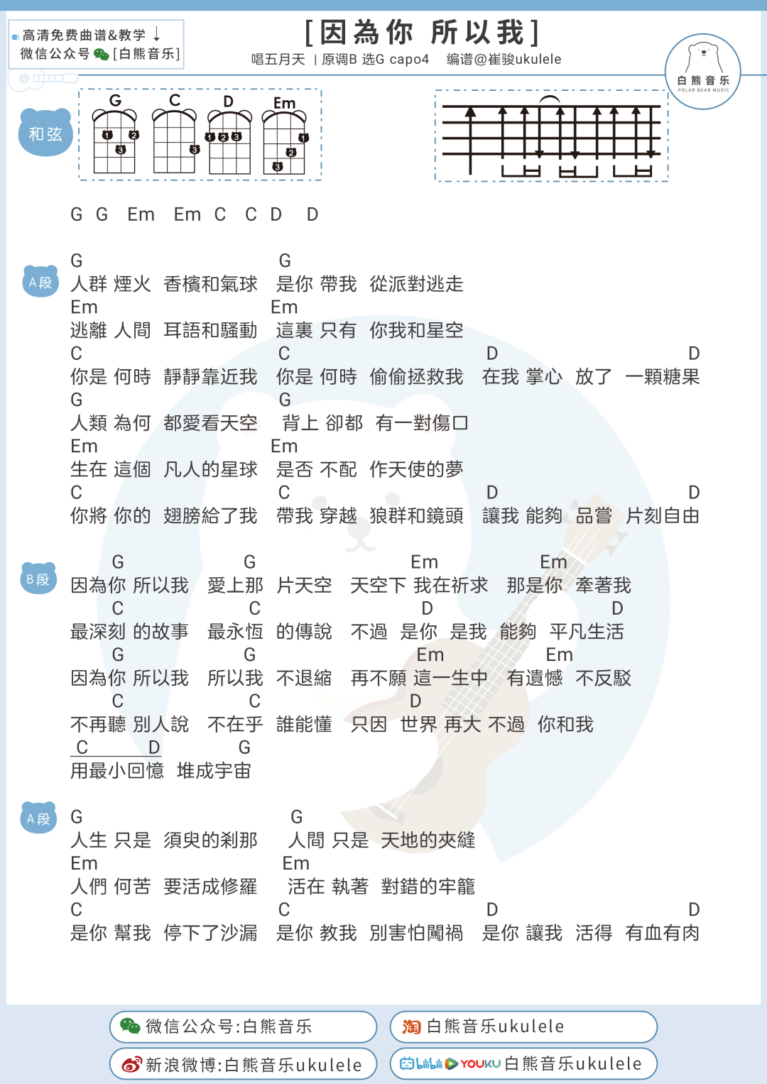 因为你所以我吉他谱_五月天_吉他弹唱谱+尤克里里谱_G调2