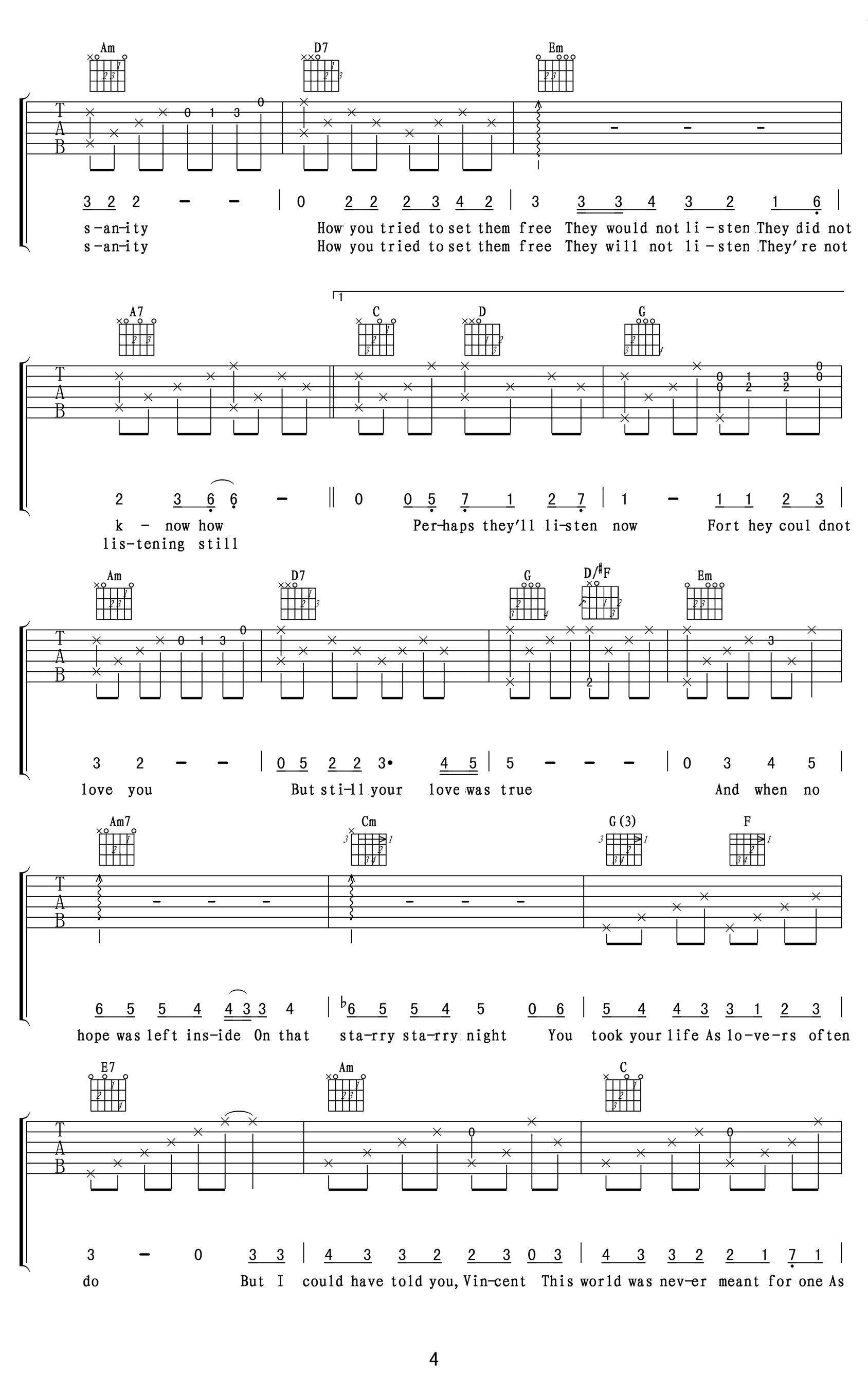 Vincent吉他谱_Don Mclean_G调原版六线谱_吉他弹唱教学4