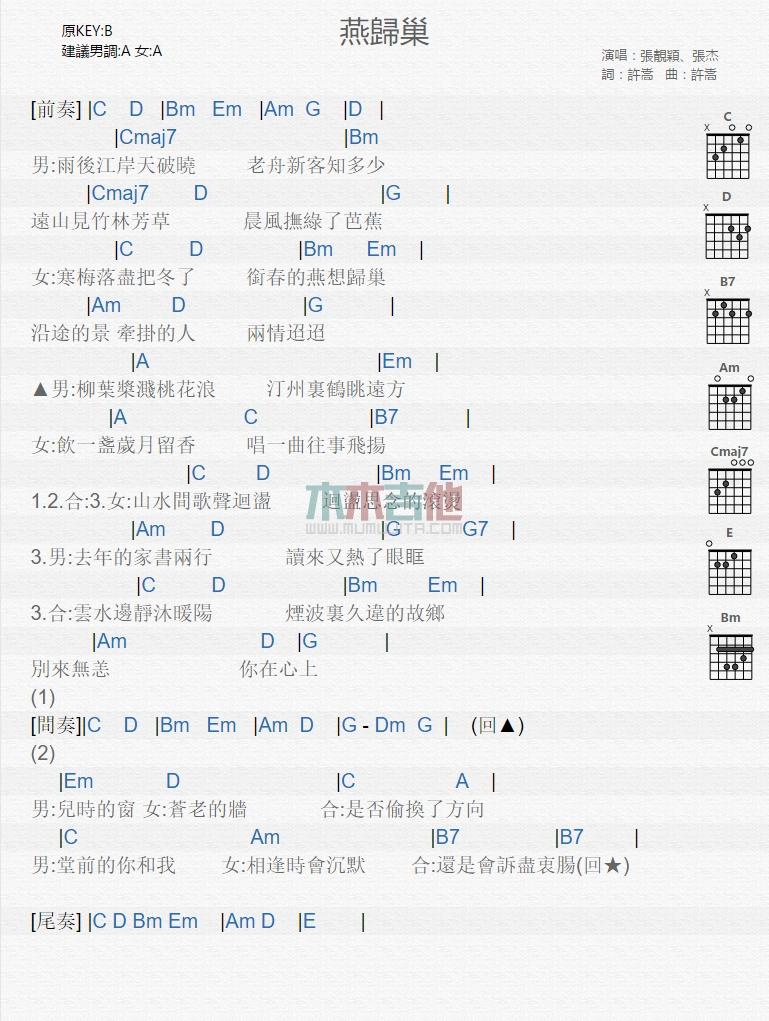 燕归巢_吉他谱_张杰,张靓颖1