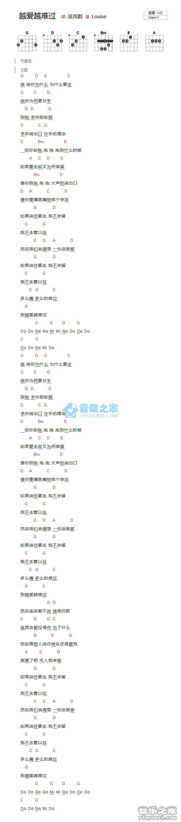 越爱越难过吉他谱 G调和弦谱_音乐之家编配_吴克羣1