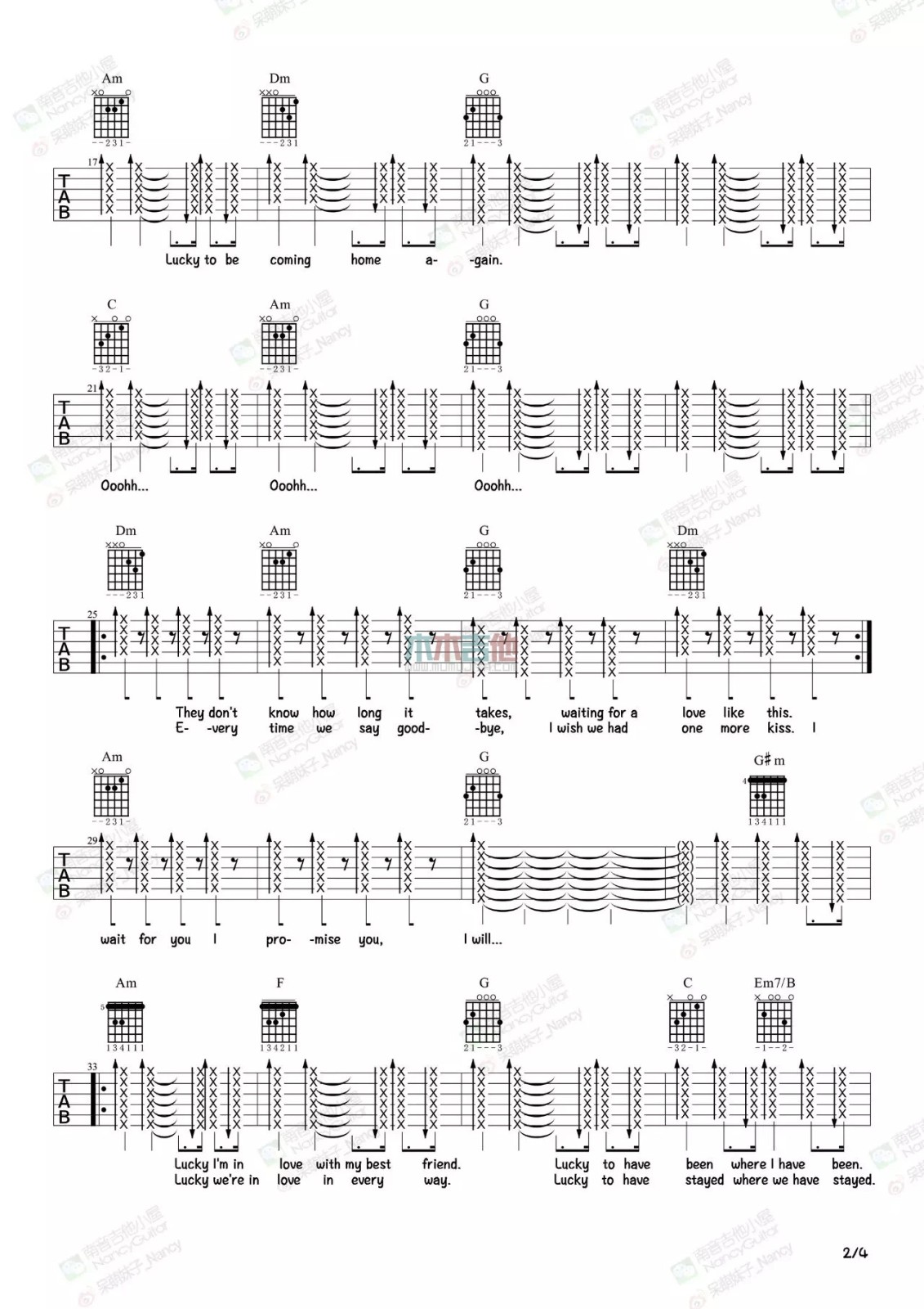 lucky吉他谱 C调六线谱_木木吉他编配_Jason Mraz2