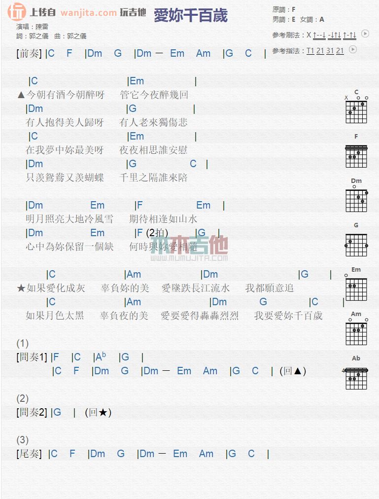 爱你千百岁吉他谱_陈雷_E调和弦谱_吉他弹唱谱1