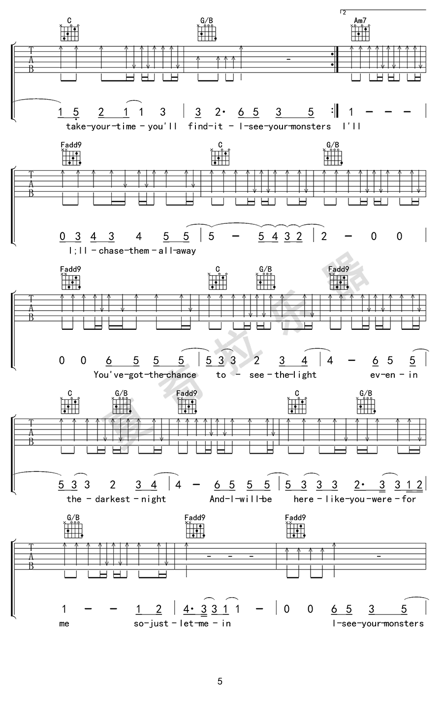 Monsters吉他谱_Katie Sky_C调弹唱谱_高清完整版5