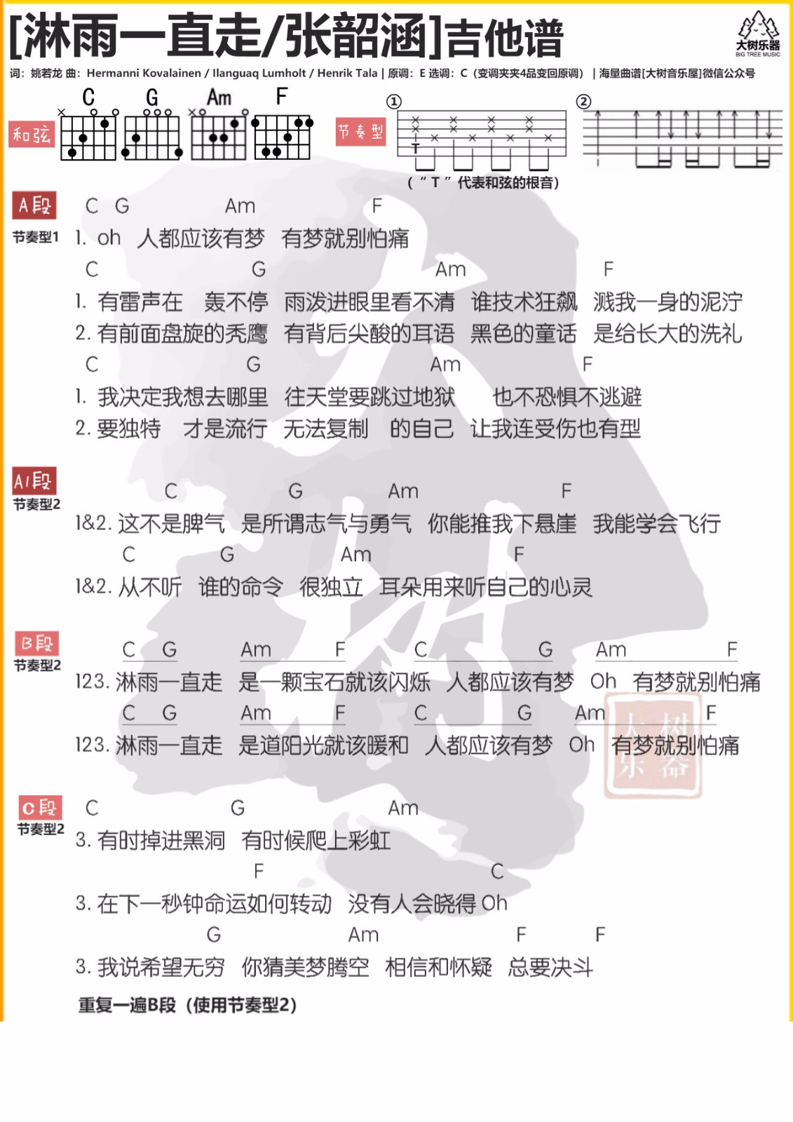 《淋雨一直走》吉他谱_张韶涵_C调简单版弹唱谱_高清和弦图谱1