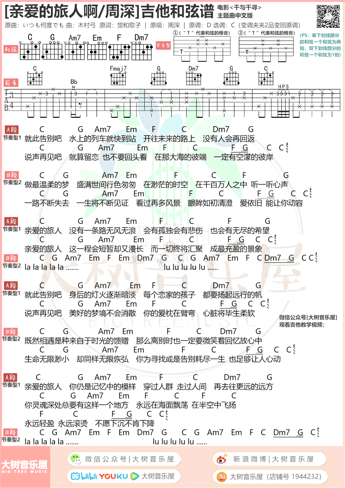 亲爱的旅人啊吉他谱_周深《千与千寻》主题曲_弹唱教学视频1
