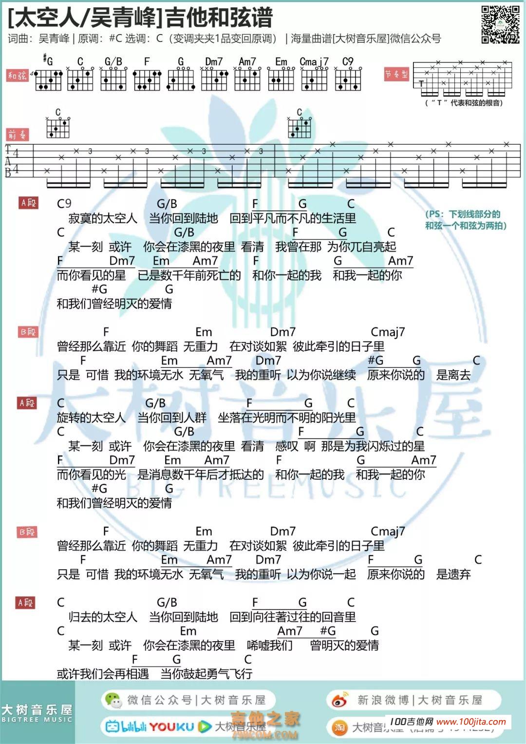 《太空人》吉他谱_吴青峰_C调吉他伴奏弹唱谱1