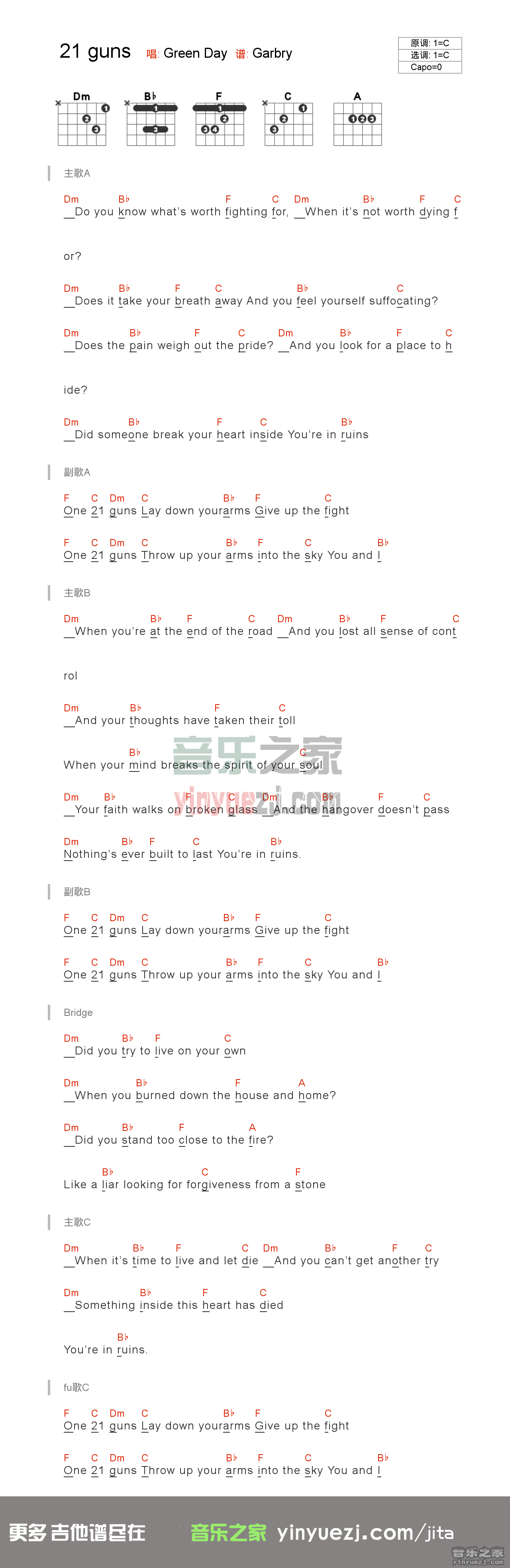 21guns吉他谱 C调-Green Day1