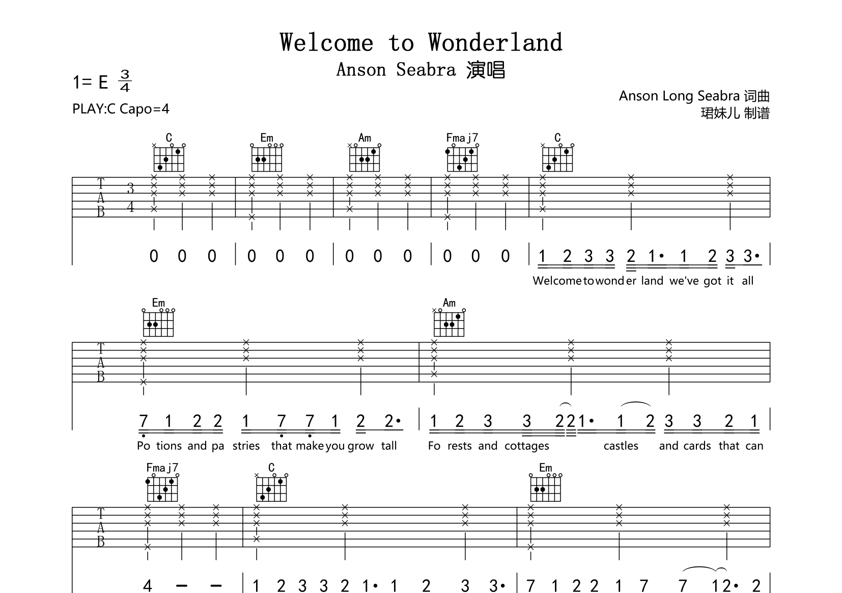 Welcome to Wonderland吉他谱-Anson Seabra-C调原版1