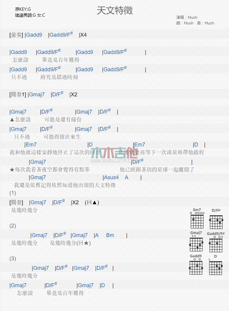 天文特征吉他谱 C调和弦谱_木木吉他编配_HUSH1