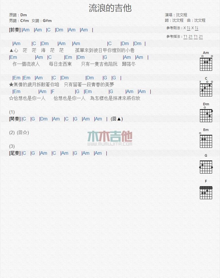 流浪的吉他_吉他谱_沈文程1
