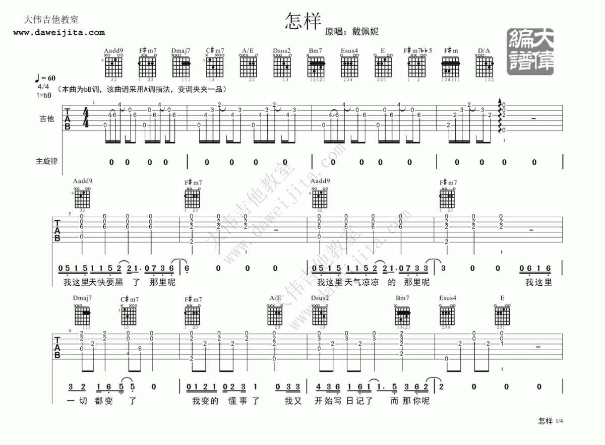 戴佩妮《怎样》吉他谱 大伟吉他版1