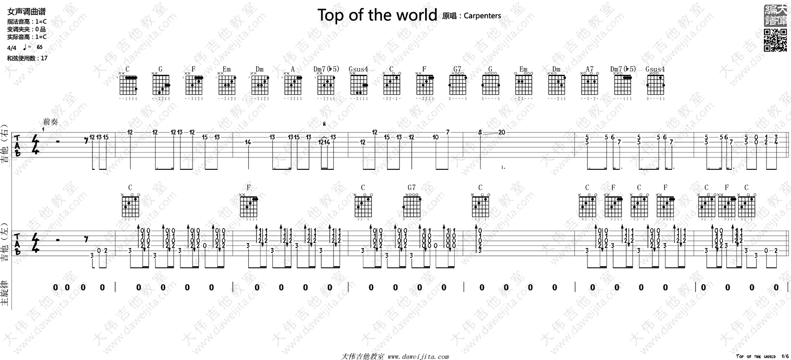 Top Of The World吉他谱 C调吉他谱 世界之巅吉他演示视频1
