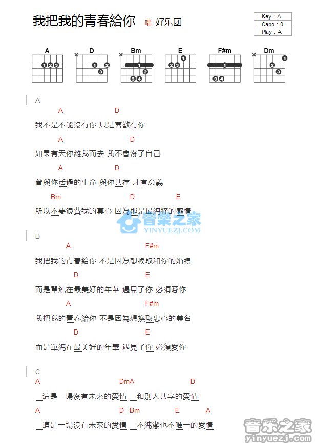 我把我的青春给你_吉他谱_A调版_好乐团1
