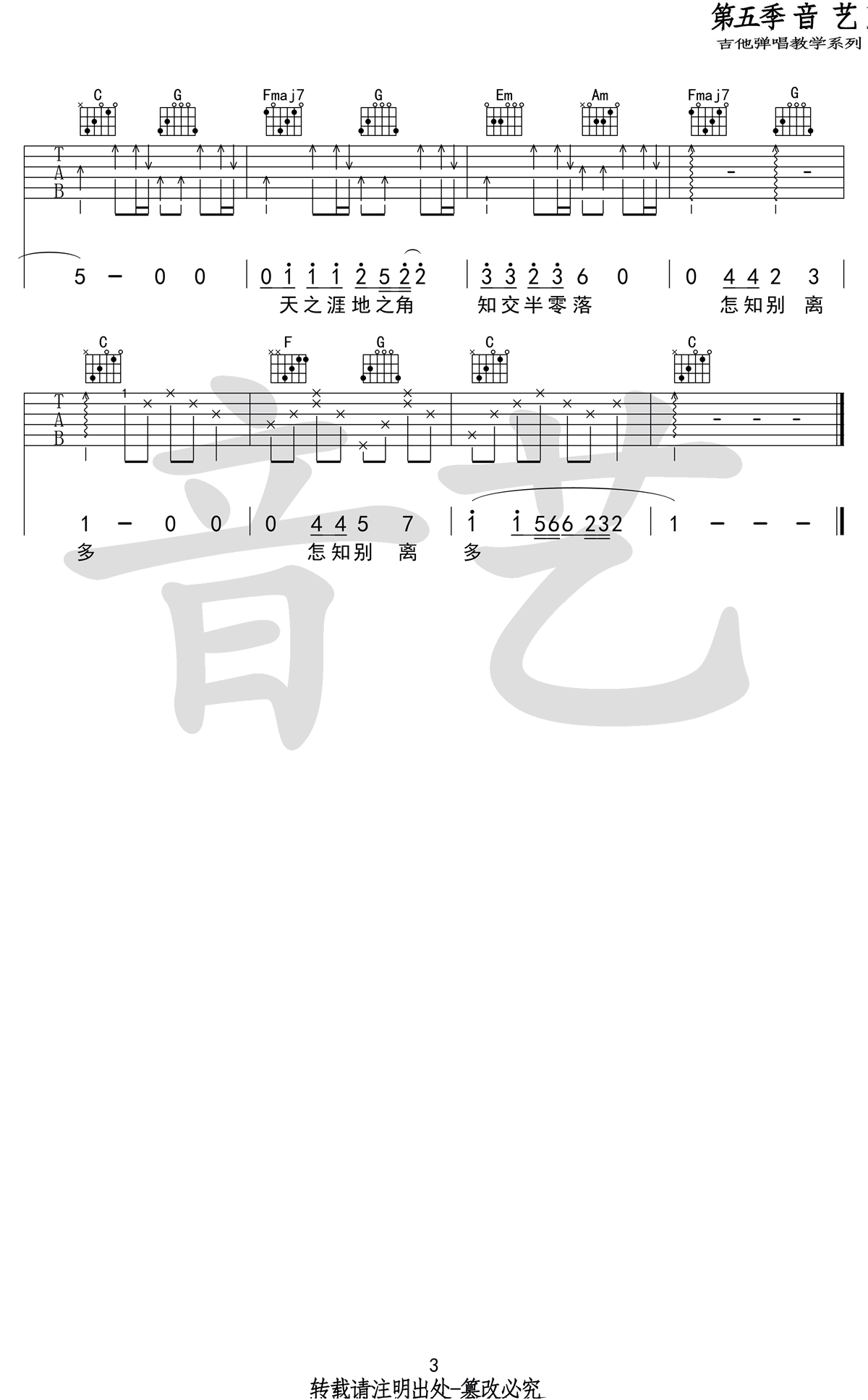 送别吉他谱_留声玩具_C调简单版_送别吉他弹唱六线谱3