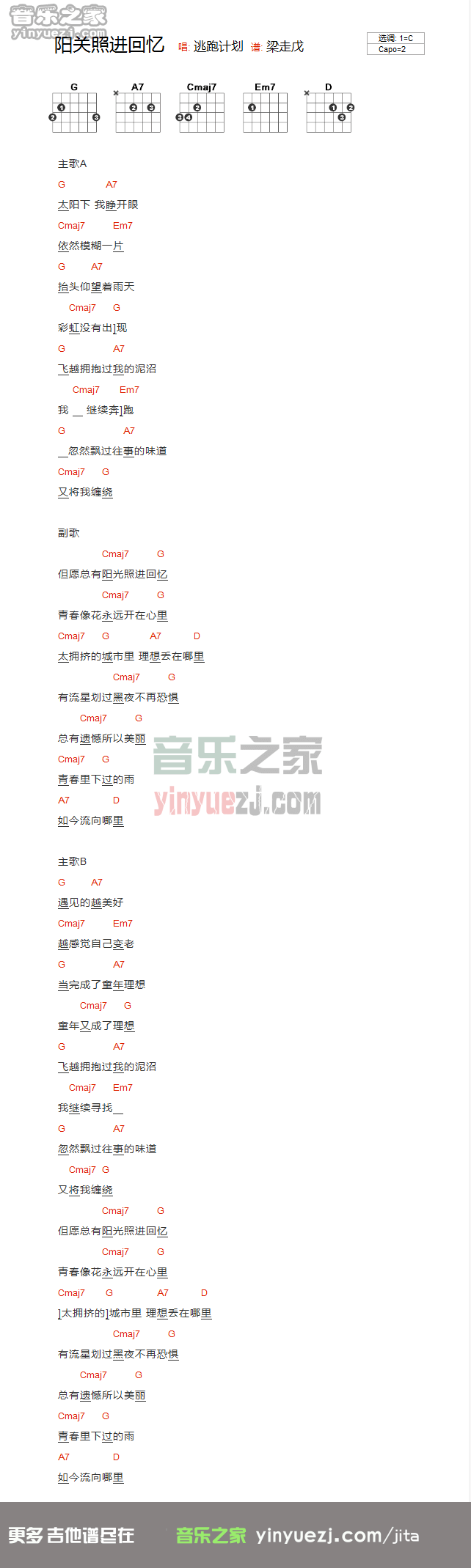 阳光照进回忆里吉他谱 C调-逃跑计划1