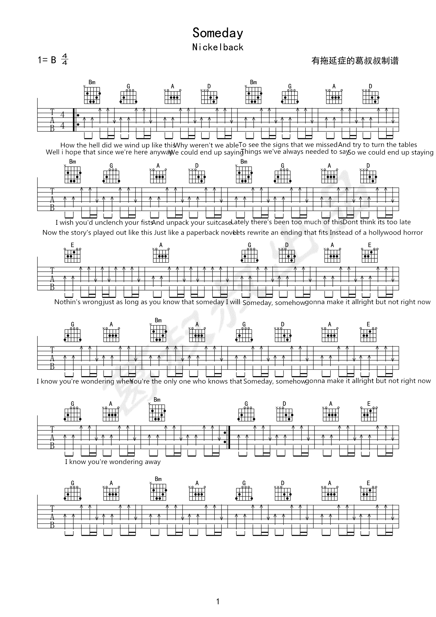 Someday吉他谱_Nickelback_B调_弹唱六线谱1