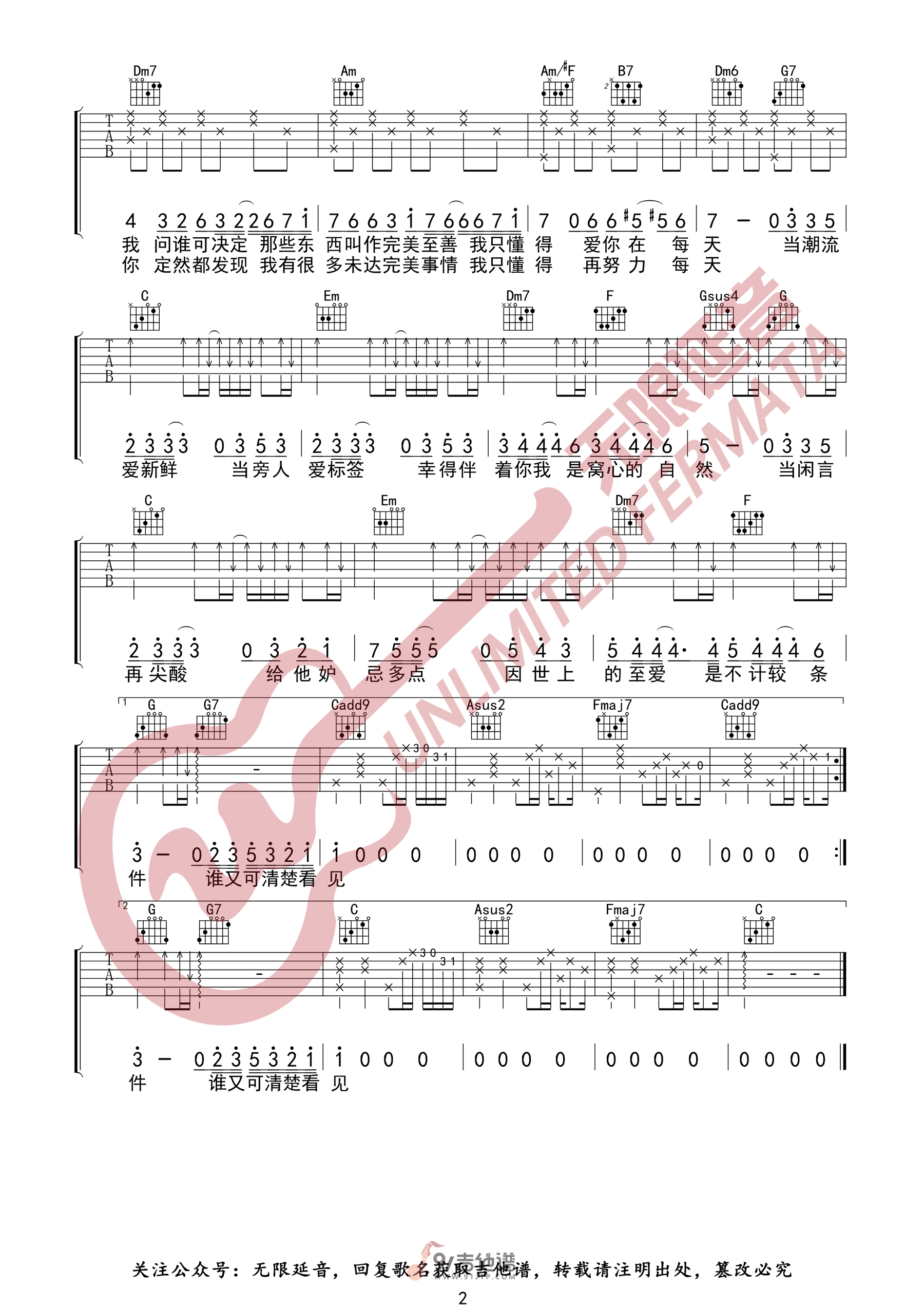 【C调原版】陈奕迅《无条件》吉他谱 弹唱六线谱 高清图片谱 Guitar Tabs1