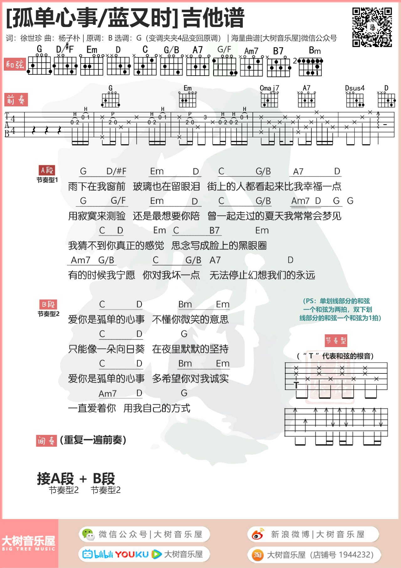 孤单心事吉他谱-蓝又时/颜人中-和弦弹唱谱1