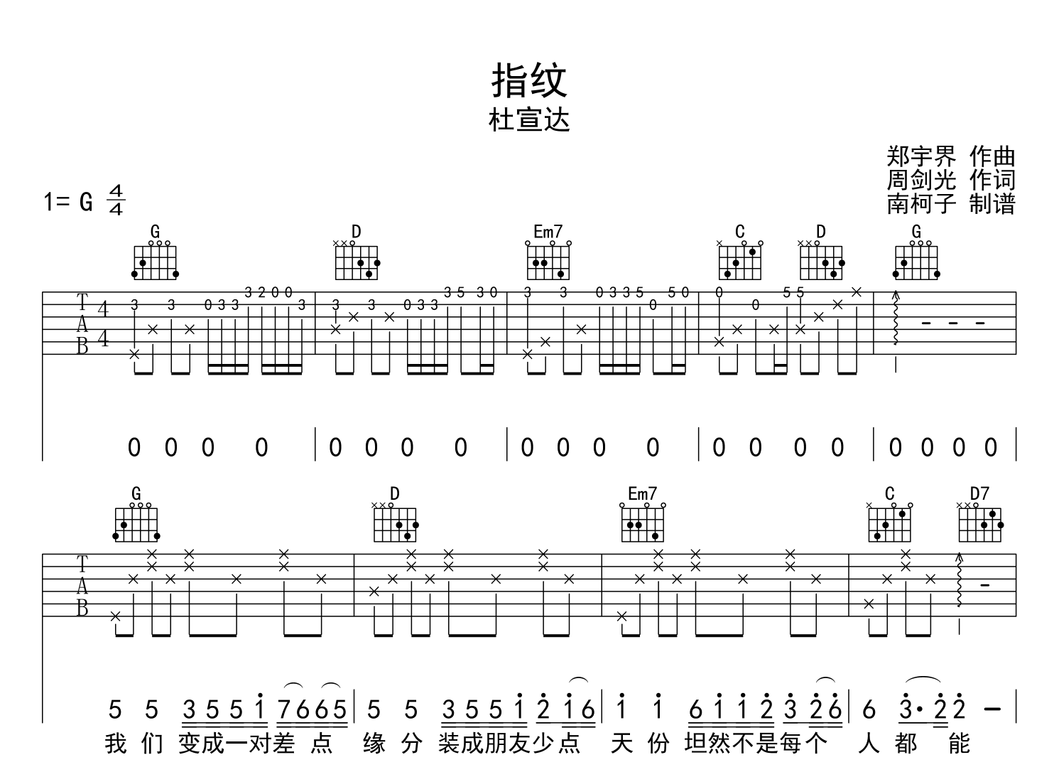 杜宣达《指纹》吉他谱_G调指法六线谱_《轩辕剑》插曲1