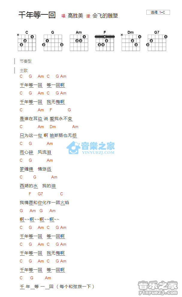 千年等一回吉他谱 C调版 高胜美1