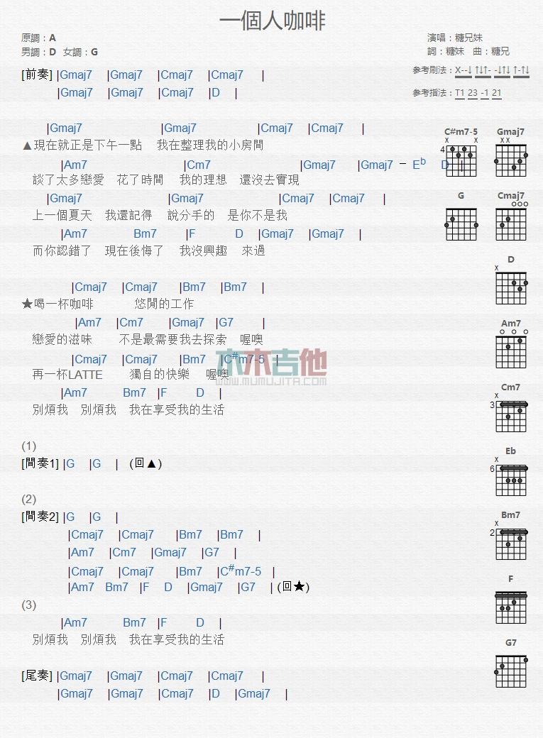 一个人咖啡_吉他谱_糖兄妹1