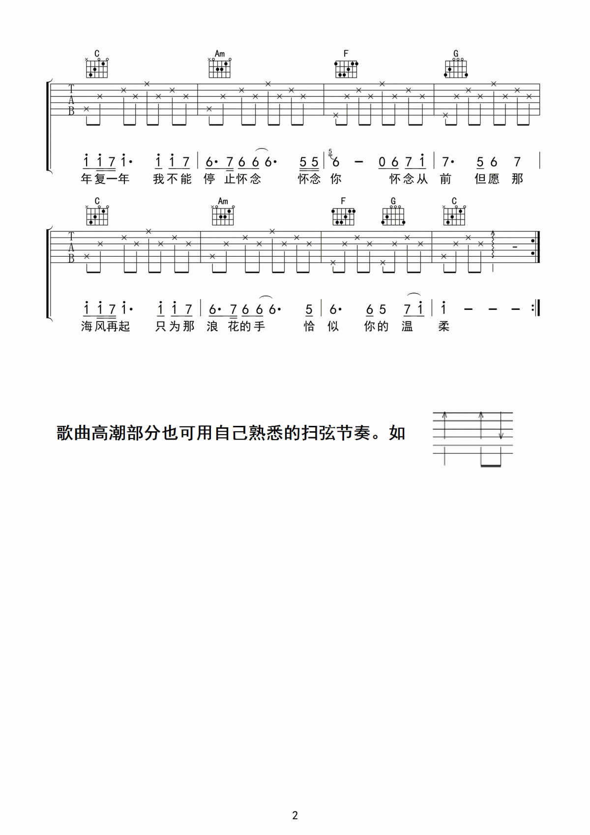 《恰似你的温柔》吉他谱 C调 简单版 蔡琴2