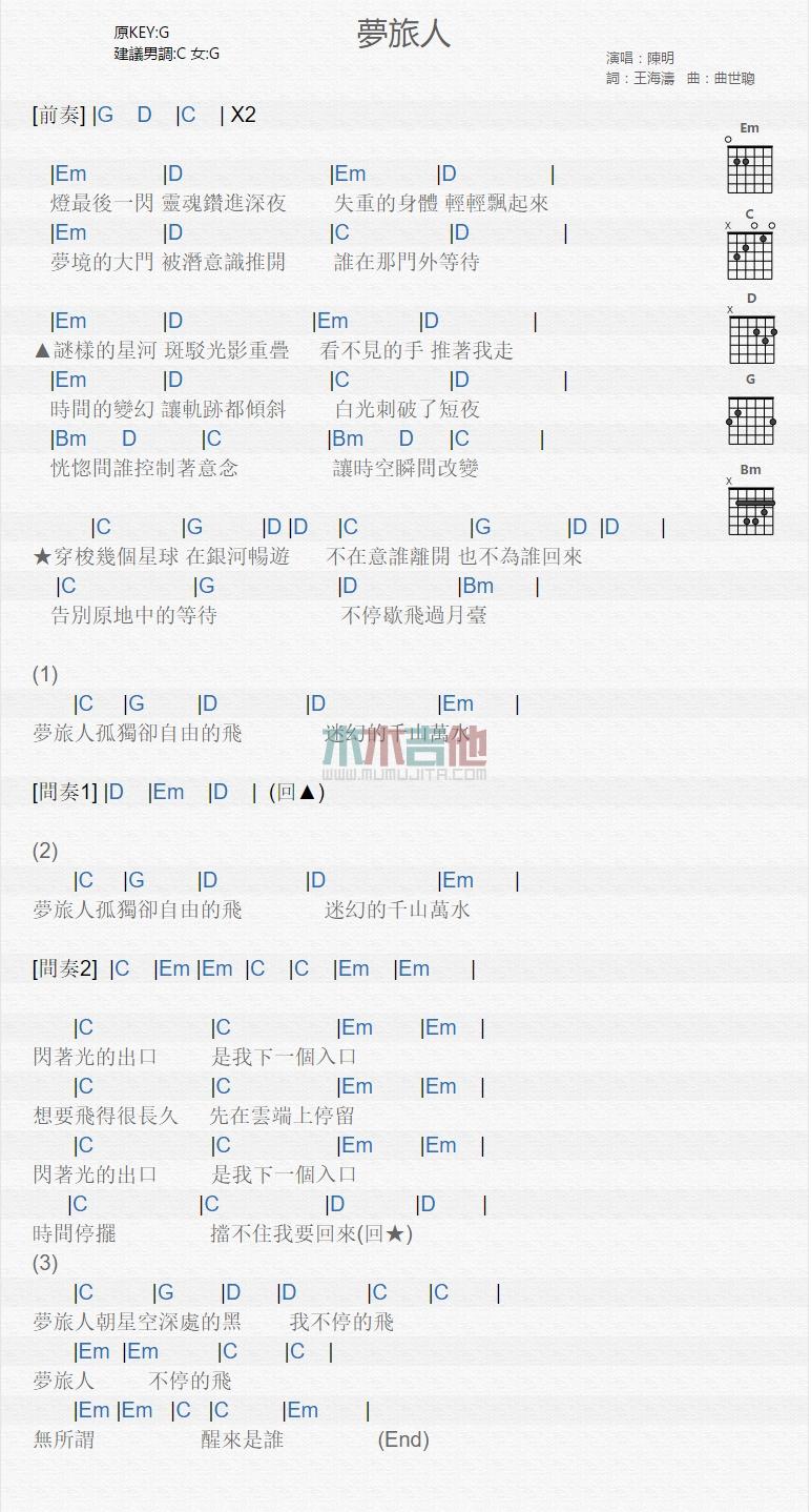 梦旅人吉他谱_陈明_吉他弹唱谱2