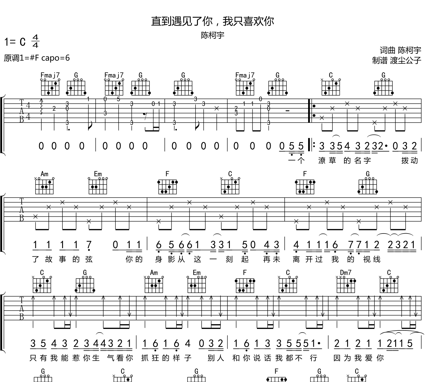 直到遇见了你，我只喜欢你吉他谱 陈柯宇 C调六线谱 附音频1