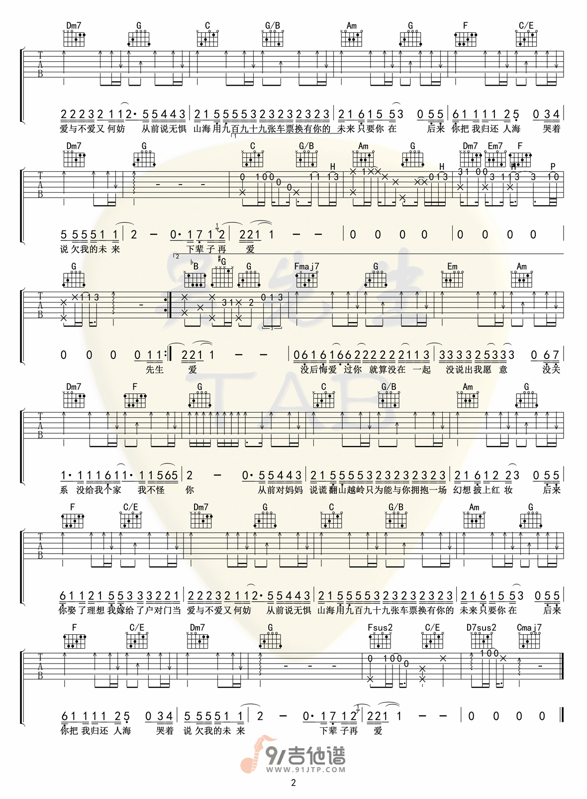 【C调原版】小阿七《从前说》吉他谱 吉他弹唱六线谱 Guitar Tabs1